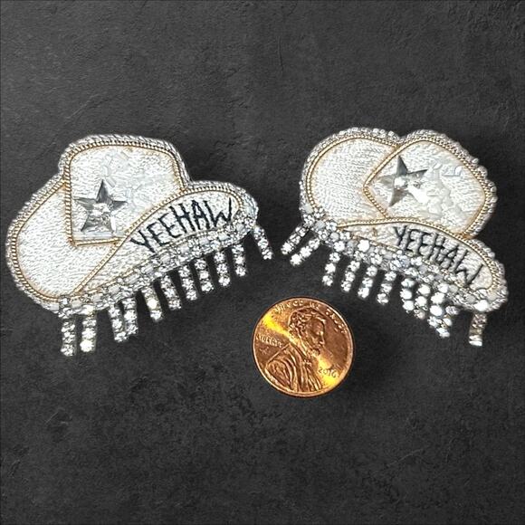 Embroidered Rhinestone Yeehaw White Cowgirl Hat Statement Earrings By Dos Femmes - Picture 3 of 6